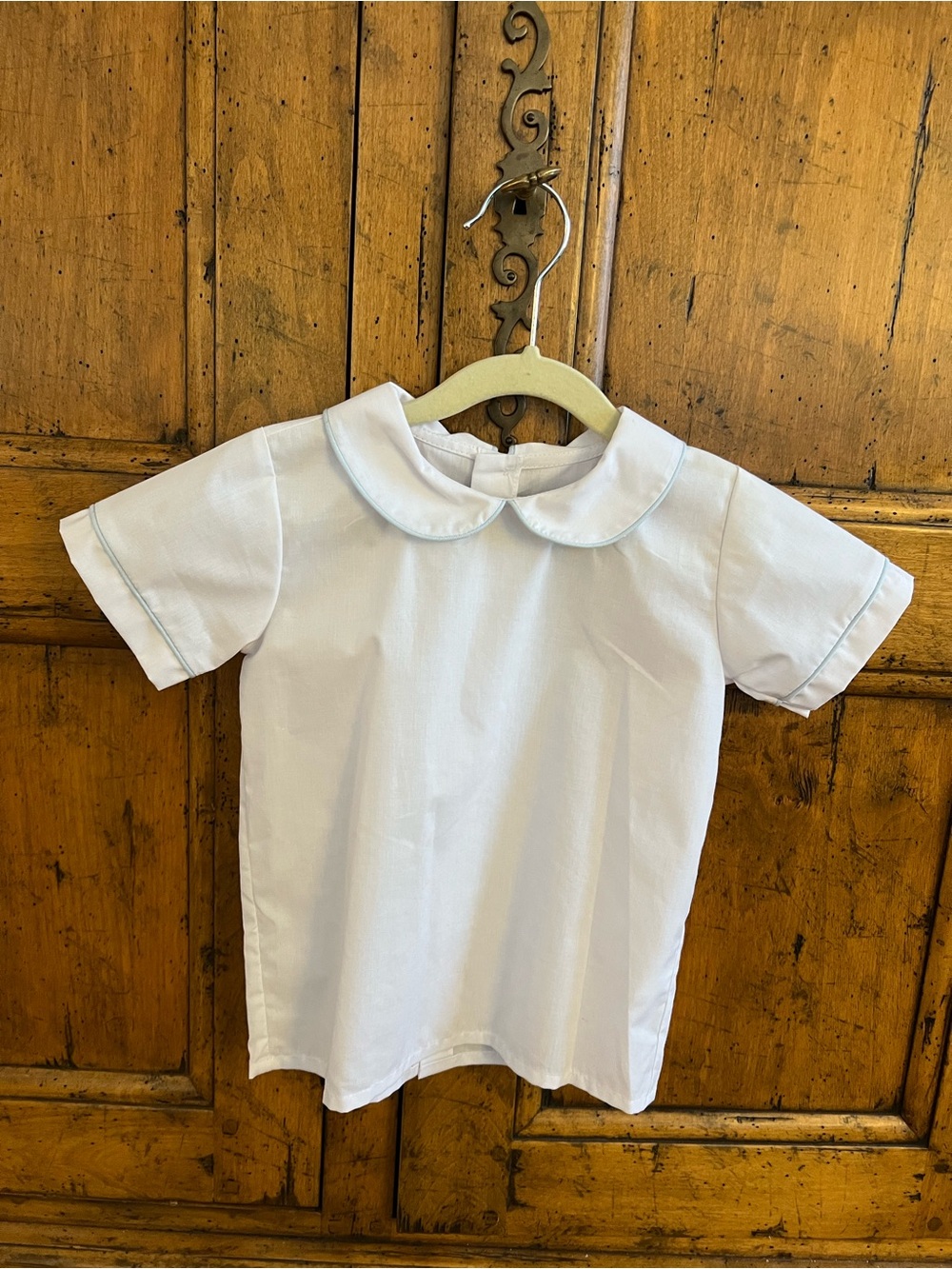 Little English White Short Sleeve Peter Pan Collar Tee with Pale Blue Trim